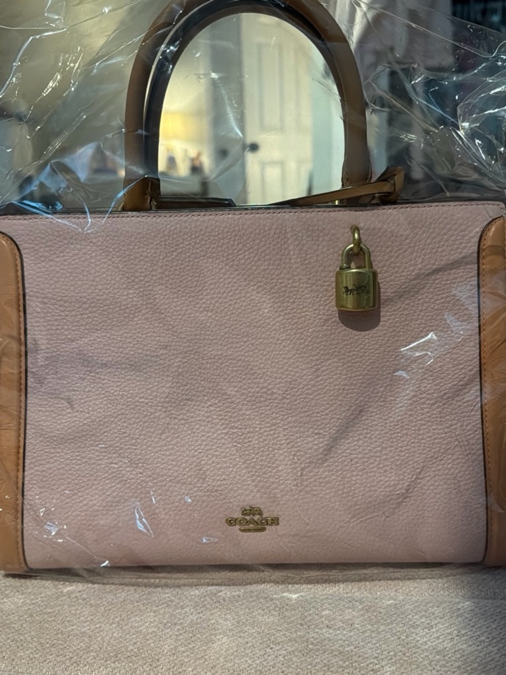 Coach Zoe Pink Leather Satchel with Tan Trim and Gold Lock Hardware NEVER WORN